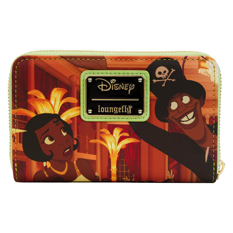 Vue rapprochée de la quincaillerie métallique robuste du portefeuille Loungefly Disney La Princesse et la Grenouille