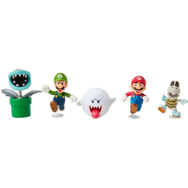 Vue rapprochée des figurines Super Mario Bros 6cm sous blister montrant la qualité des détails