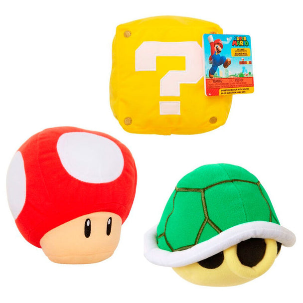 Peluche sonore Super Mario Bros en position assise avec boutons pour activer les sons