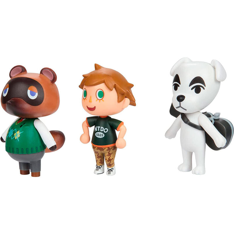 Vue rapprochée des trois figurines Animal Crossing dans leur emballage blister