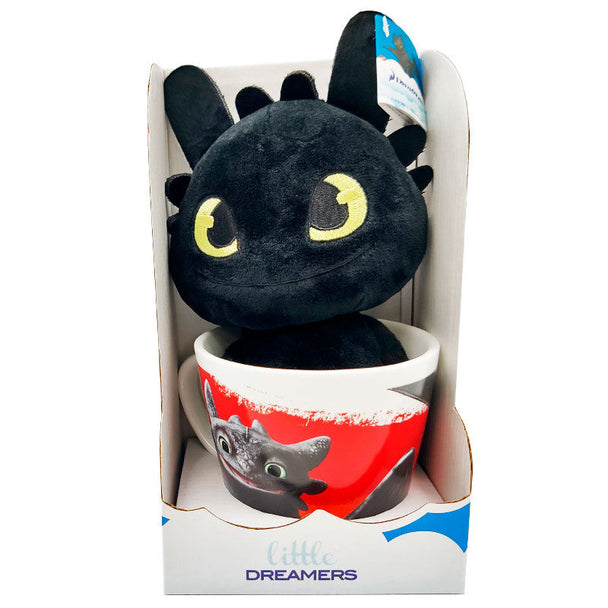 Mug blanc avec illustration colorée de Toothless, personnage de How to Train Your Dragon, vue de face.
