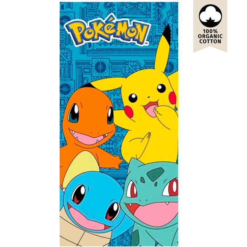 Serviette de plage Pokémon officielle NINTENDO en coton blanc avec motifs colorés, dimensions 140x70 cm, idéale pour la plage ou la piscine.
