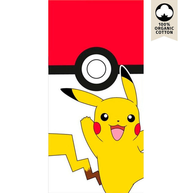 Serviette de plage Pikachu Pokeball en coton 100%, dimensions 140x70cm, design officiel Nintendo avec Pikachu et Pokeball.