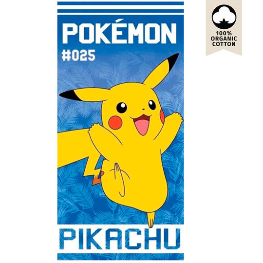 Serviette de plage Pokémon Pikachu en coton, dimensions 140x70 cm, design officiel Nintendo avec l'adorable Pikachu sur fond coloré.