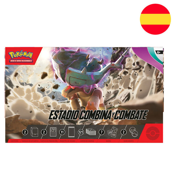 Vue avant de la boîte de rangement Spanish Pokémon Combine and Combat Stadium BANDAI avec graphismes colorés