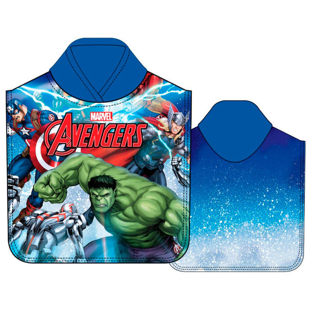 Poncho serviette microfibre Marvel Avengers avec logo coloré, dimensions 55x110 cm, parfait pour la plage ou la piscine.