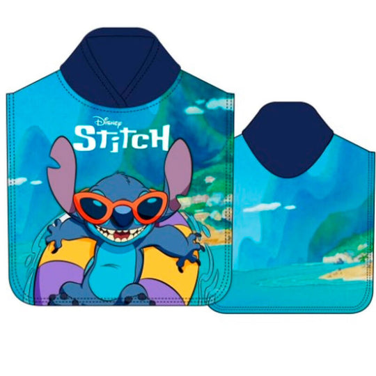Poncho serviette microfibre Disney Stitch bleu 55x110 cm, idéal pour la plage et la piscine.