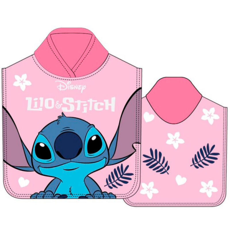 Poncho serviette microfibre Disney Stitch bleu avec capuche, dimensions 55x110 cm, idéal pour la plage ou la piscine.