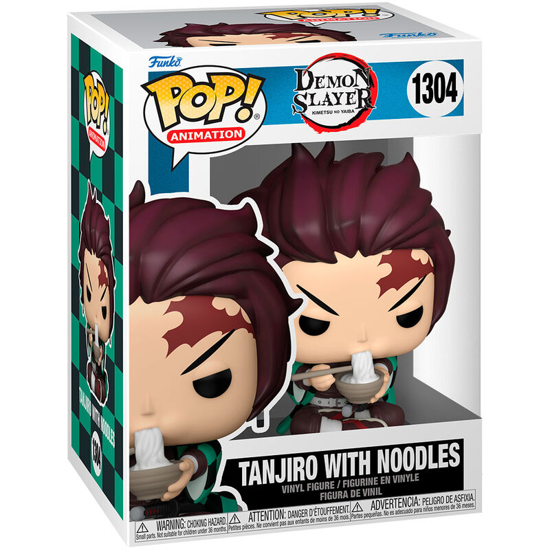 Figurine Funko POP de Tanjiro Kamado de Demon Slayer tenant un bol de nouilles, vue de face en boîte vitrine