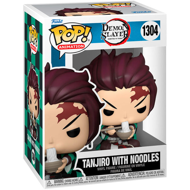 Figurine Funko POP de Tanjiro Kamado de Demon Slayer tenant un bol de nouilles, vue de face en boîte vitrine