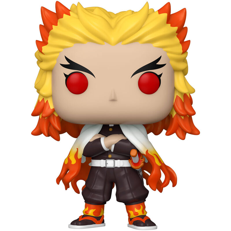 Vue de face de la figurine Funko POP Kyojuro Rengoku avec détails précis et couleurs vives de l'anime Demon Slayer