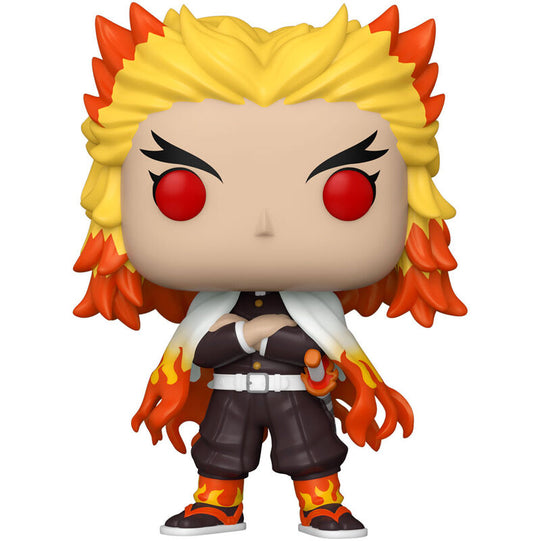 Vue de face de la figurine Funko POP Kyojuro Rengoku avec détails précis et couleurs vives de l'anime Demon Slayer