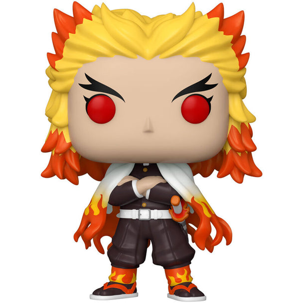 Vue de face de la figurine Funko POP Kyojuro Rengoku avec détails précis et couleurs vives de l'anime Demon Slayer