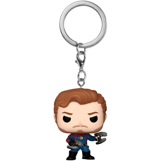 Vue rapprochée du porte-clés Funko POP Star-Lord avec détails du costume et casque iconique du personnage