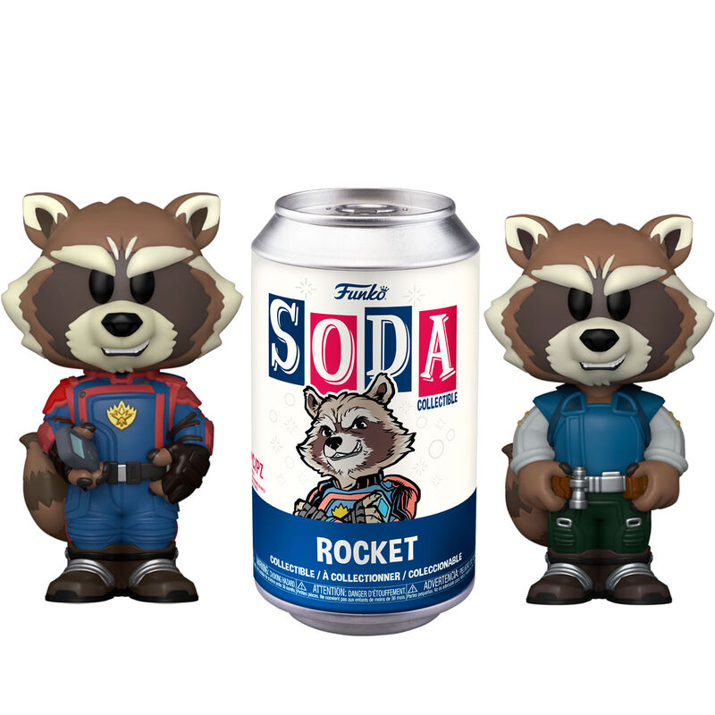 Figurine Vinyl SODA Rocket des Gardiens de la Galaxie FUNKO, 9 cm, en boîte vitrine transparente.