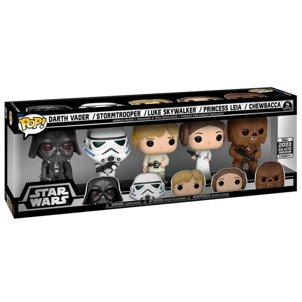 Pack de 5 figurines Funko POP Star Wars Classics exclusives, montrant des personnages emblématiques de la saga galactique.