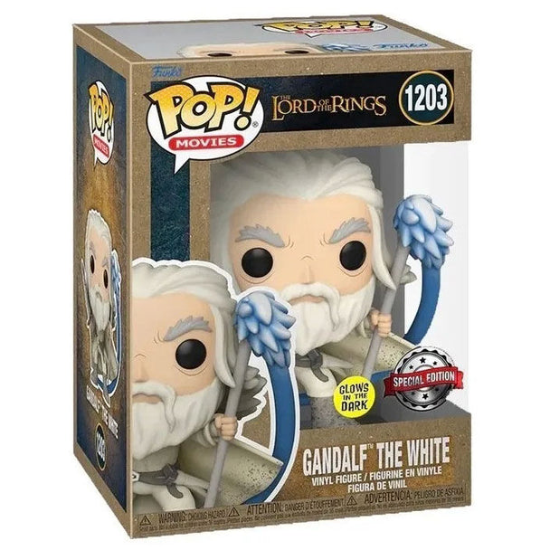 Figurine Funko POP exclusive de Gandalf The White, 9cm, dans sa boîte vitrine transparente, inspirée du Seigneur des Anneaux.