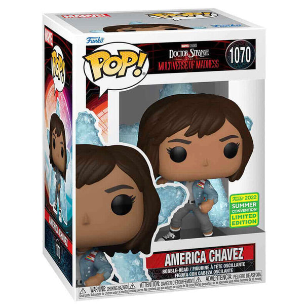 Figurine Funko POP America Chavez exclusive du film Doctor Strange Multiverse of Madness, en vinyle 9 cm, présentée dans sa boîte cadeau avec fenêtre transparente.