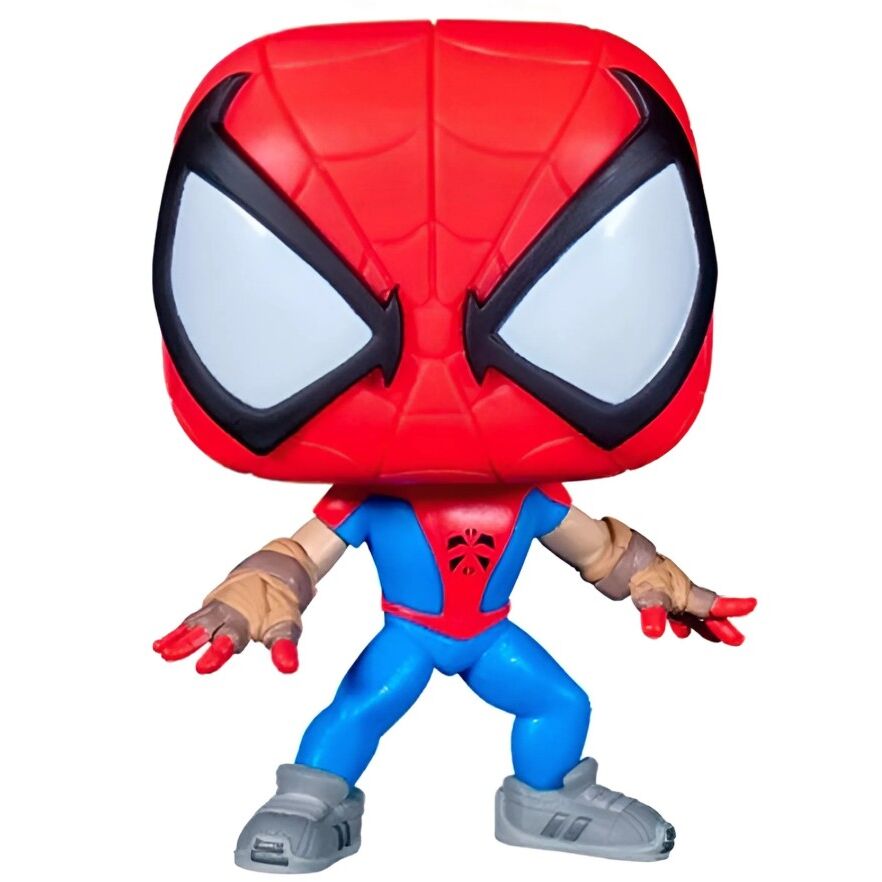 Vue rapprochée de la figurine Funko POP Spider-Man Mangaverse Marvel montrant les détails du masque et de la tenue rouge et noire