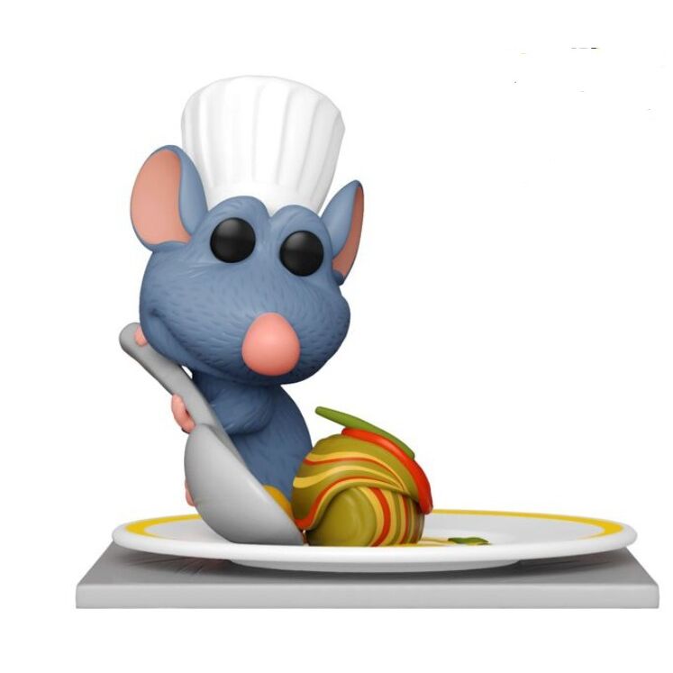 Figurine POP Funko de Rémy, le rat chef du film Disney Ratatouille, vue de face avec ses détails colorés et son tablier blanc