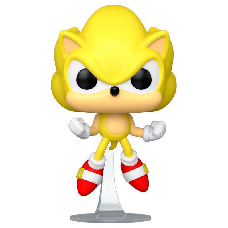 Vue rapprochée de la figurine Funko POP Super Sonic montrant les détails de la peinture et du design