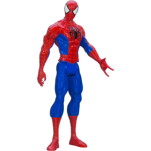 Vue rapprochée de la figurine Spiderman Ultimate Titan Hero Hasbro montrant les détails du costume et des couleurs vives