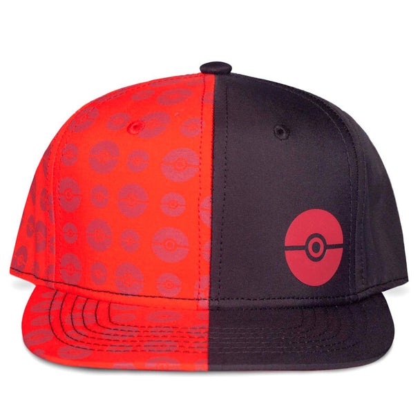 Casquette Pokémon DIFUZED vue de face avec motifs Pokéballs rouges et blanches sur fond noir
