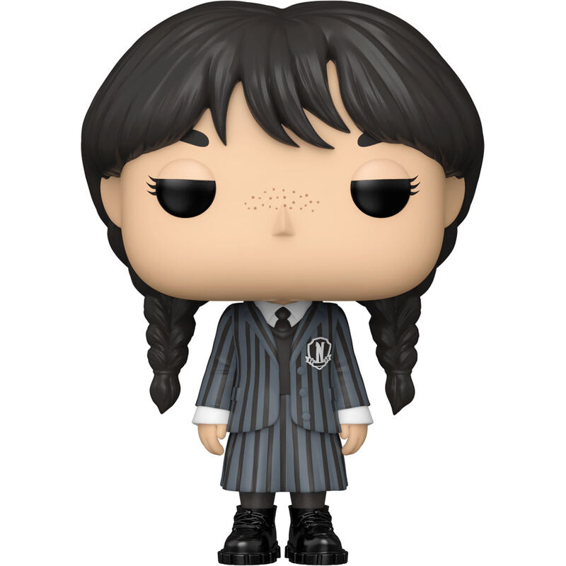 Vue rapprochée de la figurine Funko POP Wednesday Addams montrant les détails du visage et la tenue noire