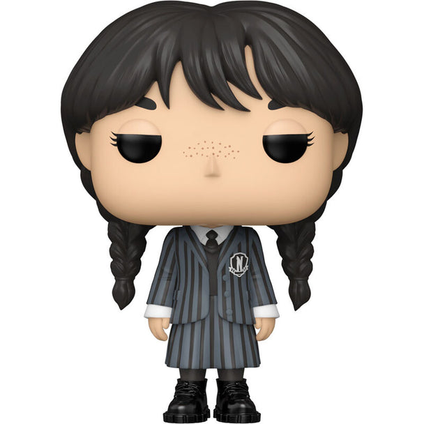 Vue rapprochée de la figurine Funko POP Wednesday Addams montrant les détails du visage et la tenue noire