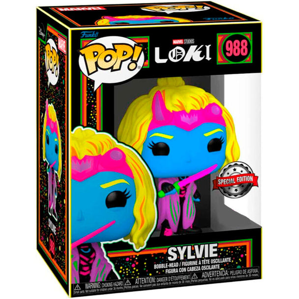 Vue détaillée de la figurine Loki Silvye Black Light Funko POP exclusive avec boîte vitrée