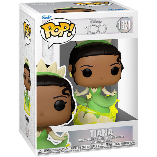 Figurine Funko POP Tiana Disney 100ème anniversaire vue de face dans sa boîte vitrine transparente