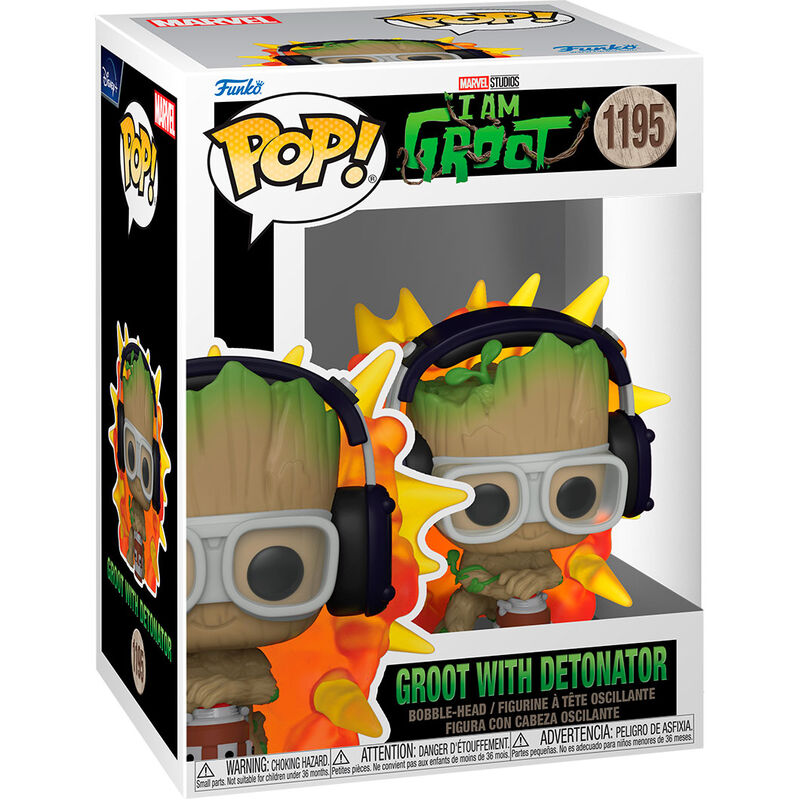 Figurine Funko POP Groot Marvel de 9 cm tenant un détonateur dans une boîte vitrine