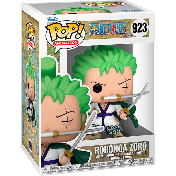 Figurine Funko POP Roronoa Zoro de One Piece en vinyle, hauteur 9 cm, présentée dans sa boîte vitrine