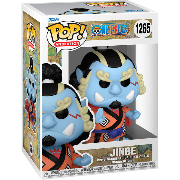 Figurine Funko POP Jinbe de One Piece, vue de face dans sa boîte vitrine transparente.