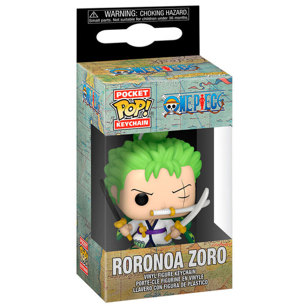 Porte-clés FUNKO Pocket POP représentant Roronoa Zoro de One Piece avec son sabre et sa tenue verte caractéristique.