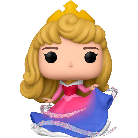 Vue de côté de la figurine Funko POP Aurora édition 100e anniversaire Disney avec détails colorés et boîte cadeau