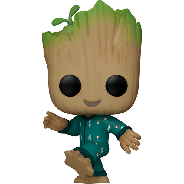 Vue latérale de la figurine Funko POP Groot en Onesie, détails du costume et emballage collector
