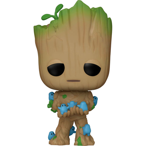Vue rapprochée de la figurine Groot avec Grunds Funko POP Marvel, détails colorés et finition soignée