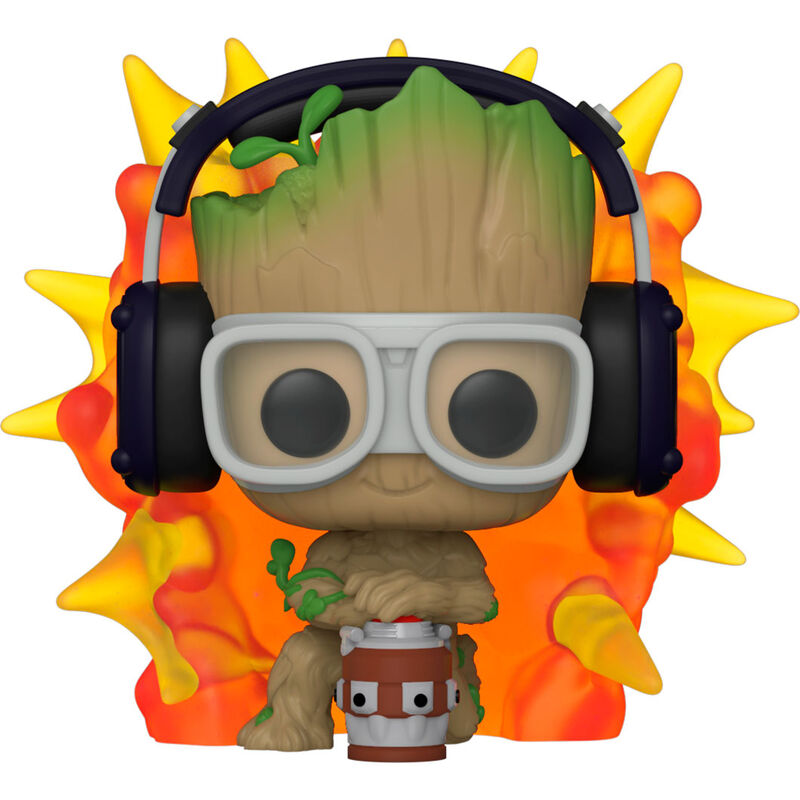 Vue rapprochée de la figurine Funko POP Groot avec détonateur, détail des couleurs et du design