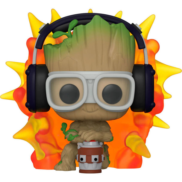 Vue rapprochée de la figurine Funko POP Groot avec détonateur, détail des couleurs et du design