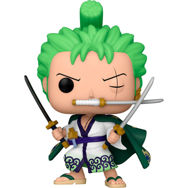 Vue rapprochée de la figurine Funko POP Roronoa Zoro avec détails précis et couleurs vives sur fond blanc