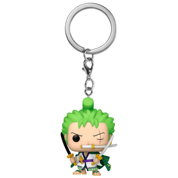 Vue rapprochée du porte-clés Roronoa Zoro FUNKO Pocket POP montrant les détails précis de la figurine miniature.