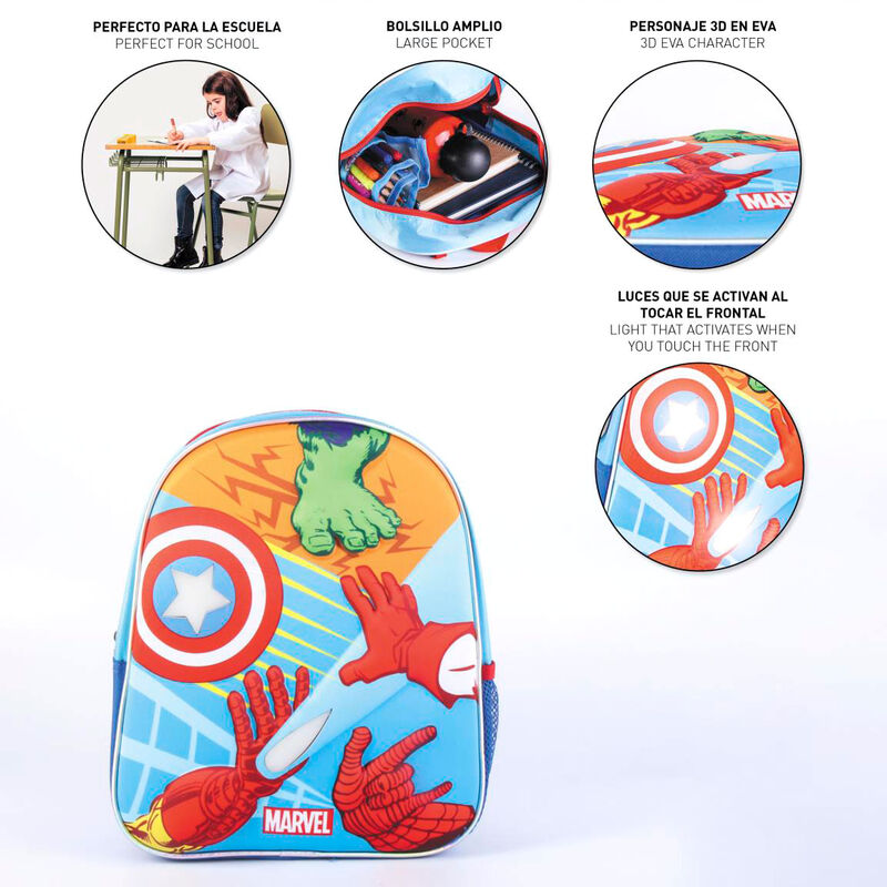 Sac à dos Marvel Avengers 3D posé sur une table avec ses dimensions compactes visibles