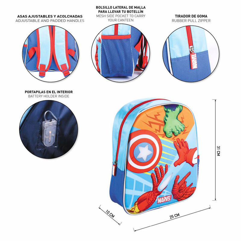 Vue arrière du sac à dos Marvel Avengers lumineux montrant le dos rembourré confortable