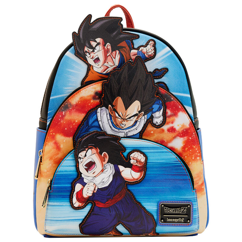 Vue avant du sac à dos Loungefly Dragon Ball Z Trio en cuir vegan saffiano avec détails colorés
