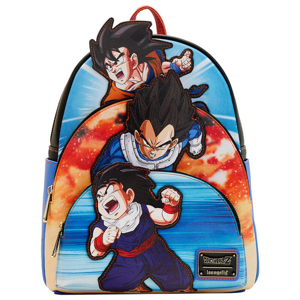 Vue avant du sac à dos Loungefly Dragon Ball Z Trio en cuir vegan saffiano avec détails colorés