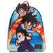 Vue avant du sac à dos Loungefly Dragon Ball Z Trio en cuir vegan saffiano avec détails colorés