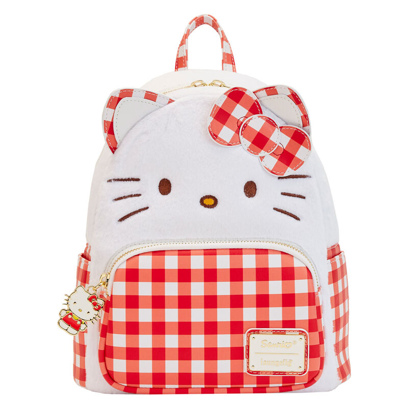 Vue de face du sac à dos Loungefly Hello Kitty Sanrio 28cm avec design coloré et logo Hello Kitty