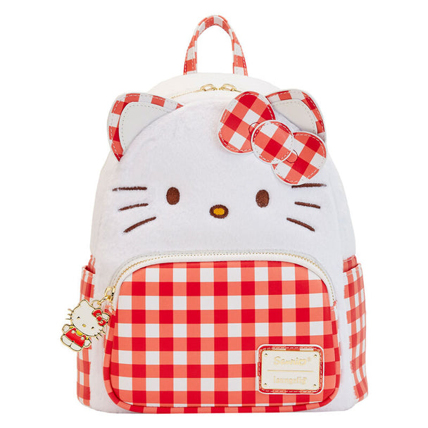 Vue de face du sac à dos Loungefly Hello Kitty Sanrio 28cm avec design coloré et logo Hello Kitty