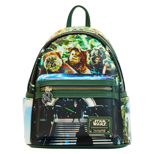 Vue avant du sac à dos Loungefly Star Wars Retour du Jedi en cuir vegan avec détails imprimés colorés